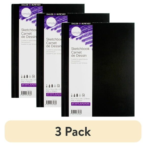 (3 pack) Daler-Rowney Simply... Sketchbook, Soft White Pages, (65lb/100g), Black Hardcover Binding, 110 Sheet, 8.5" x 11"
