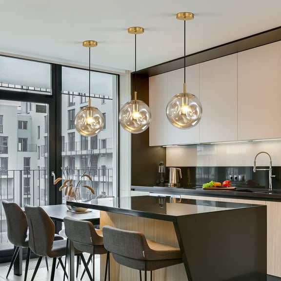 3-pack Daoseolo Circular concave Creative Glass Ball Pendant lamp, Retro 9.44-inch semi-Transparent Glass Ball lampshade Amber glass ball