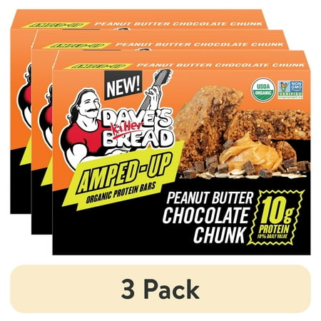 (3 pack) Dave's Killer Bread Amped-Up Peanut Butter Chocolate Chunk Organic Protein Bars, 4 Count
