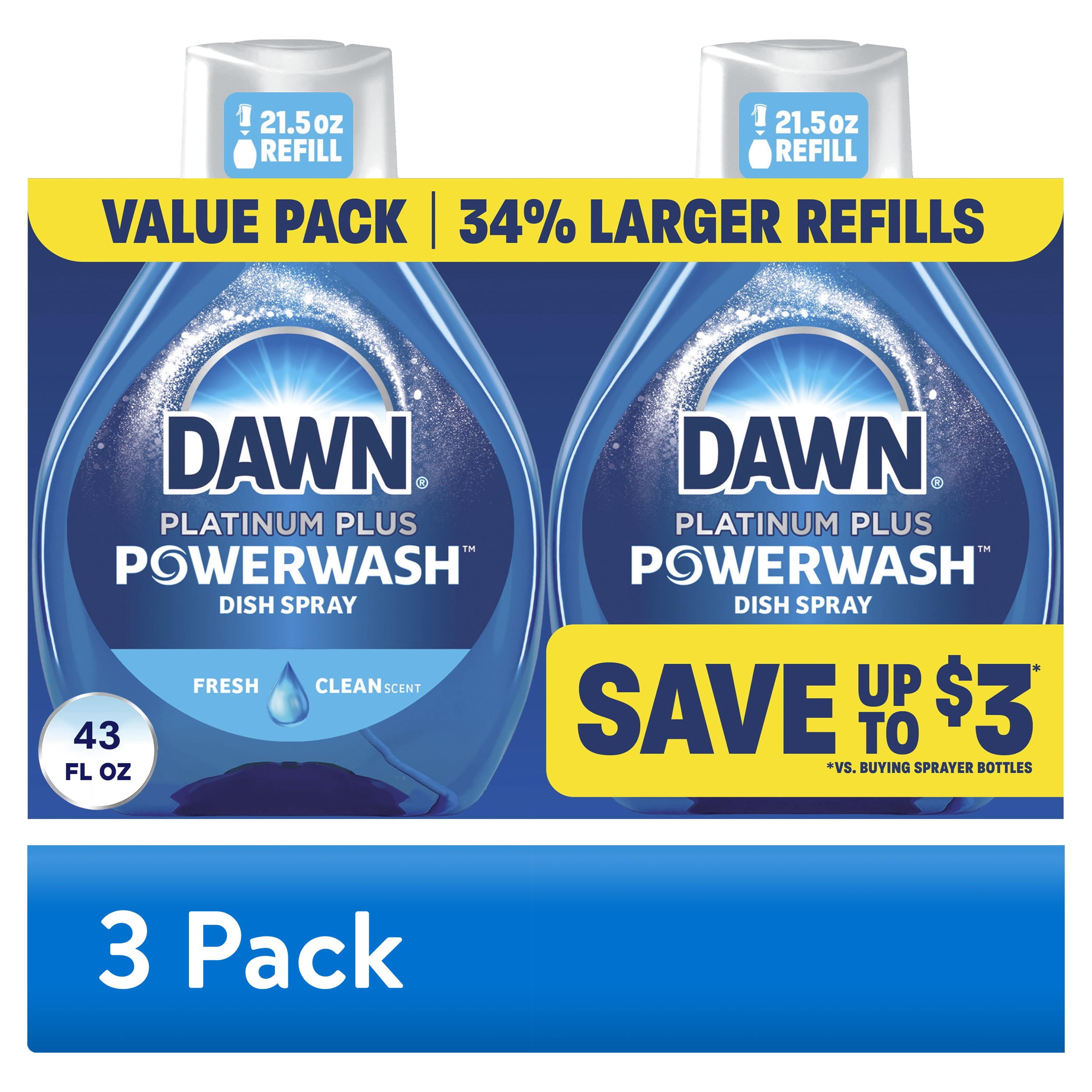 (3 pack) Dawn Powerwash Spray Refill, Dish Soap, Dishwashing Liquid, Fresh, 2 Refills, 43 Fl Oz