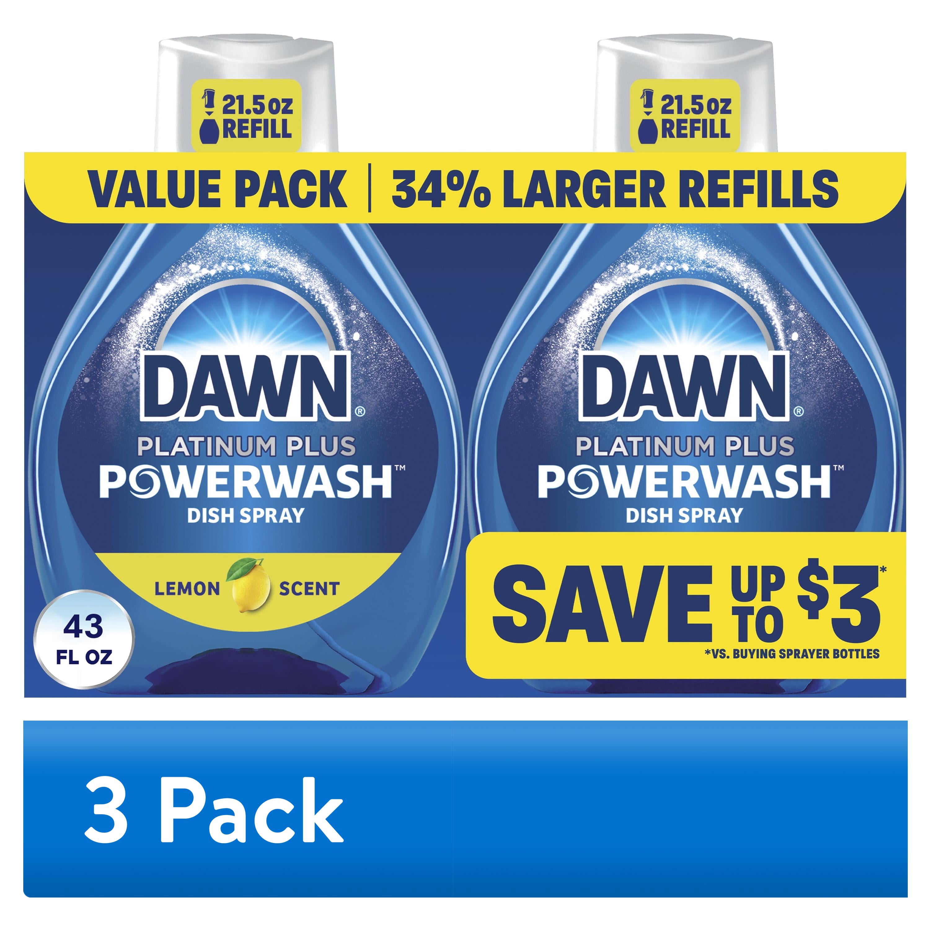 (3 pack) Dawn Powerwash Spray Refill, Dish Soap, Dishwashing Liquid, Lemon, 2 Refills, 43 Fl Oz