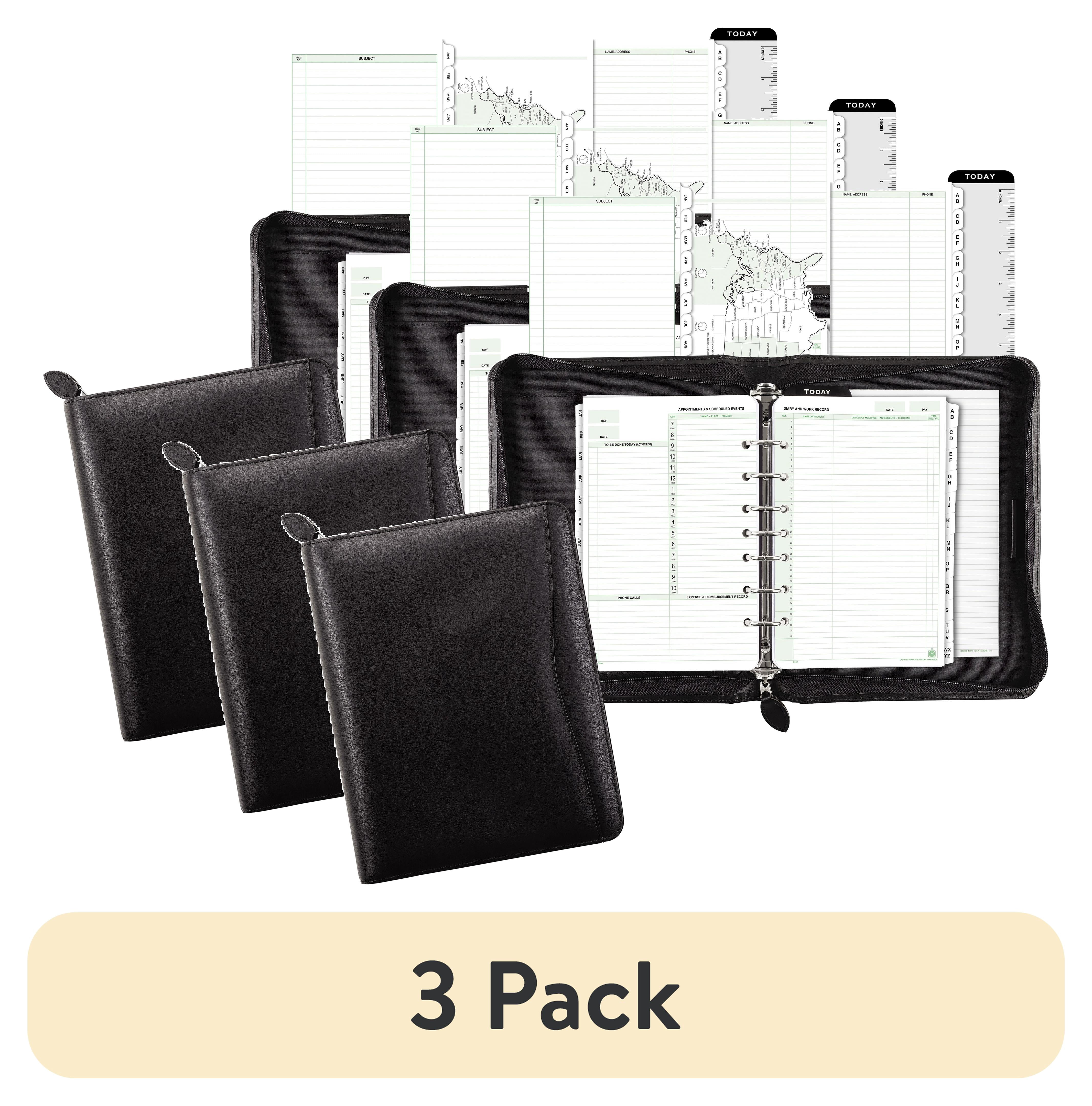 3 pack) Day-Timer Bonded Leather Zip Planner Starter Set, Black, 1