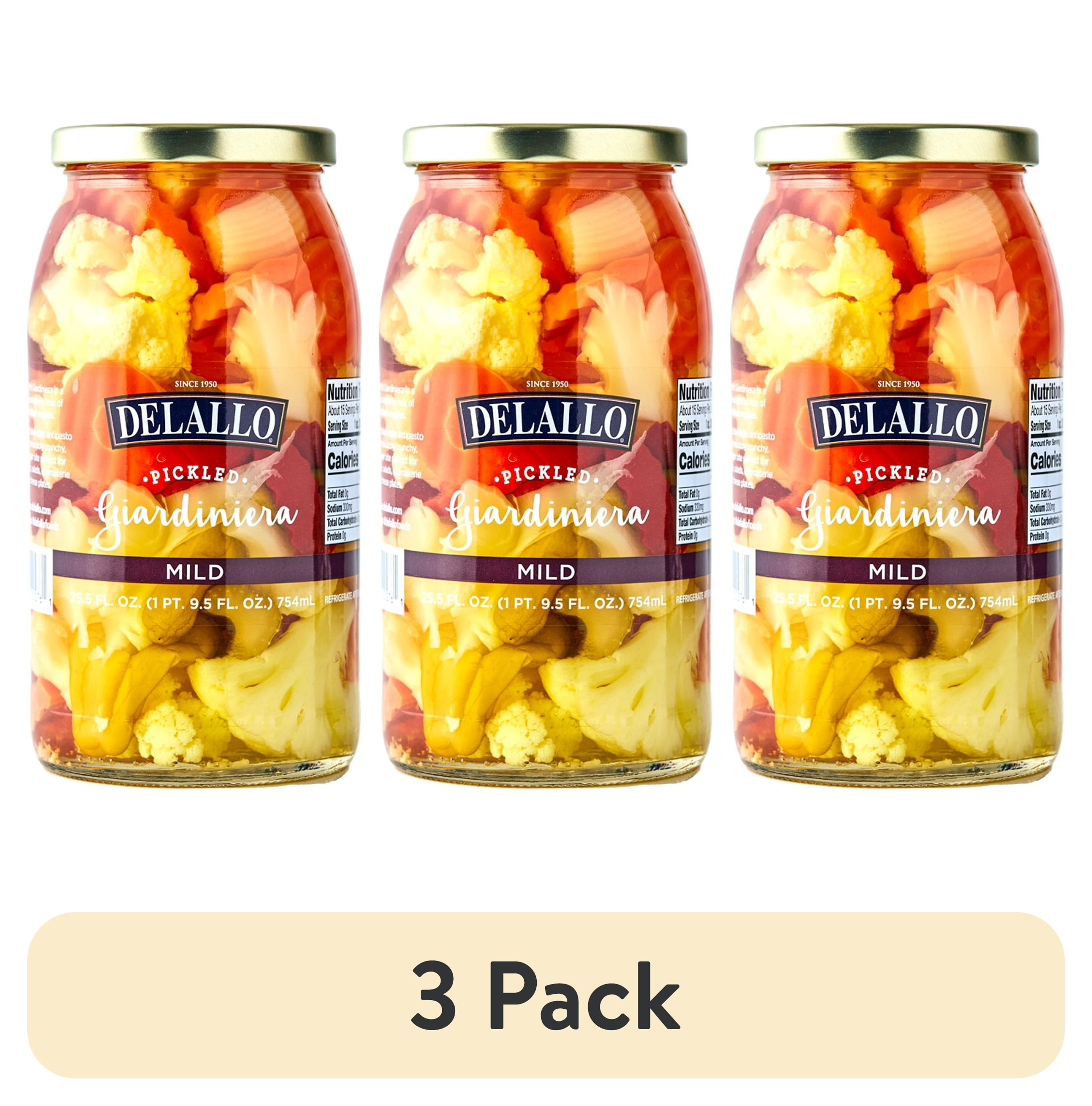 (3 pack) DeLallo Mild Giardiniera Pickled Mixed Vegetables, Gluten-Free, Non-GMO,  25.5 oz Jar