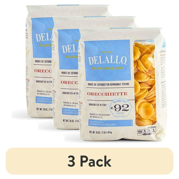 (3 pack) DeLallo Orecchiette Pasta, Made in Italy, Non-GMO, 16 oz Bag