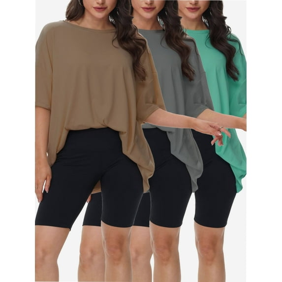 3-pack Deep Gray&Green&Khaki Women's Plus Size T Shirts Oversized Tees Summer Half Sleeve Crew Neck Tunic Tops
