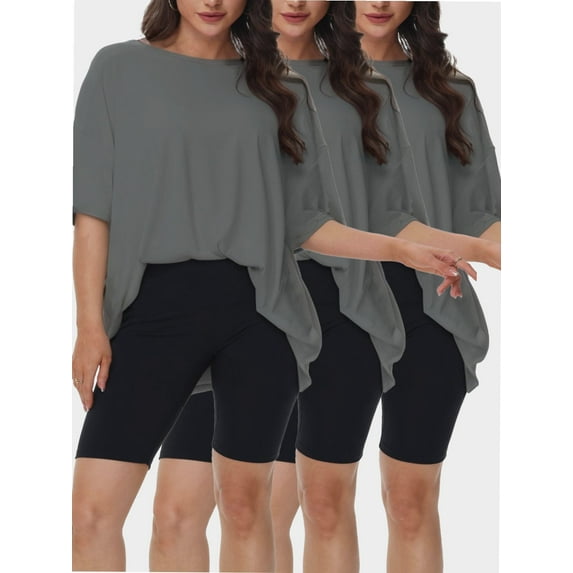 3-pack Deep Gray Women's Plus Size T Shirts Oversized Tees Summer Half Sleeve Crew Neck Tunic Tops
