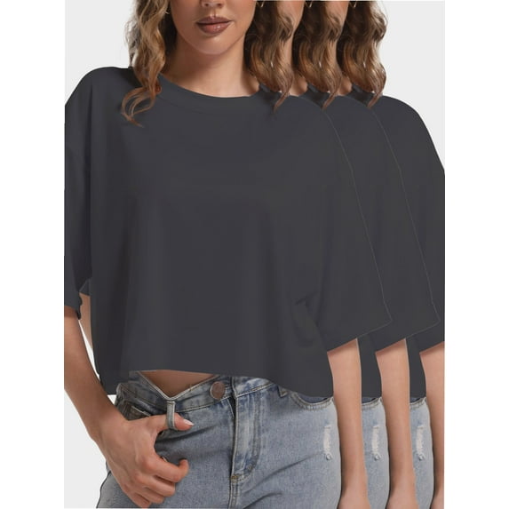 3-pack Deep gray Women's Comfy Basic Workout Gym Short Sleeve Crop Tops Casual Loose Oversized T-Shirts