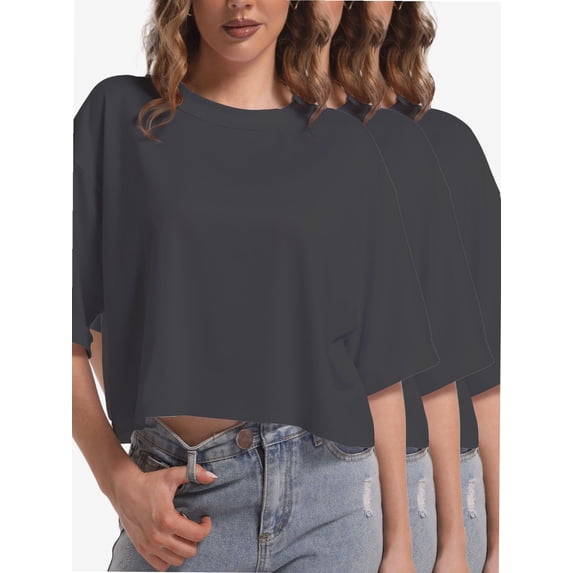 3-pack Deep gray Women's Comfy Basic Workout Gym Short Sleeve Crop Tops Casual Loose Oversized T-Shirts