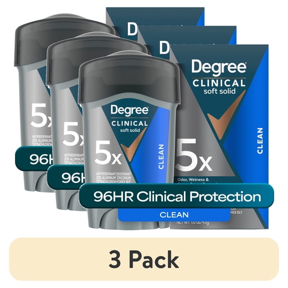 (3 pack) Degree Men Clinical Strength Antiperspirant Deodorant 96-Hour Sweat and Odor Protection Clean Soft Solid 5x Types of Sweat, 1.6 oz
