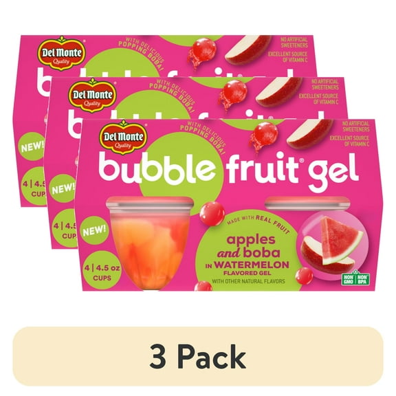 (3 pack) Del Monte Bubble Fruit Gel Apple Watermelon Fruit Cup Snack with Popping Boba, 4.5 oz Cup (Pack of 4)