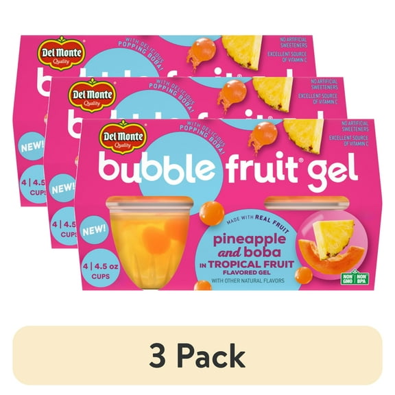 (3 pack) Del Monte Bubble Fruit Pineapple Gel Tropical Fruit Cup Snack with Popping Boba, 4.5 oz Cups (Pack of 4)
