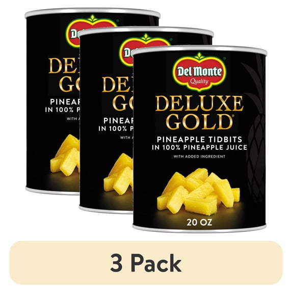 (3 pack) Del Monte Deluxe Gold Pineapple Tidbits in 100% Pineapple Juice, 20 oz Can, Canned Fruit