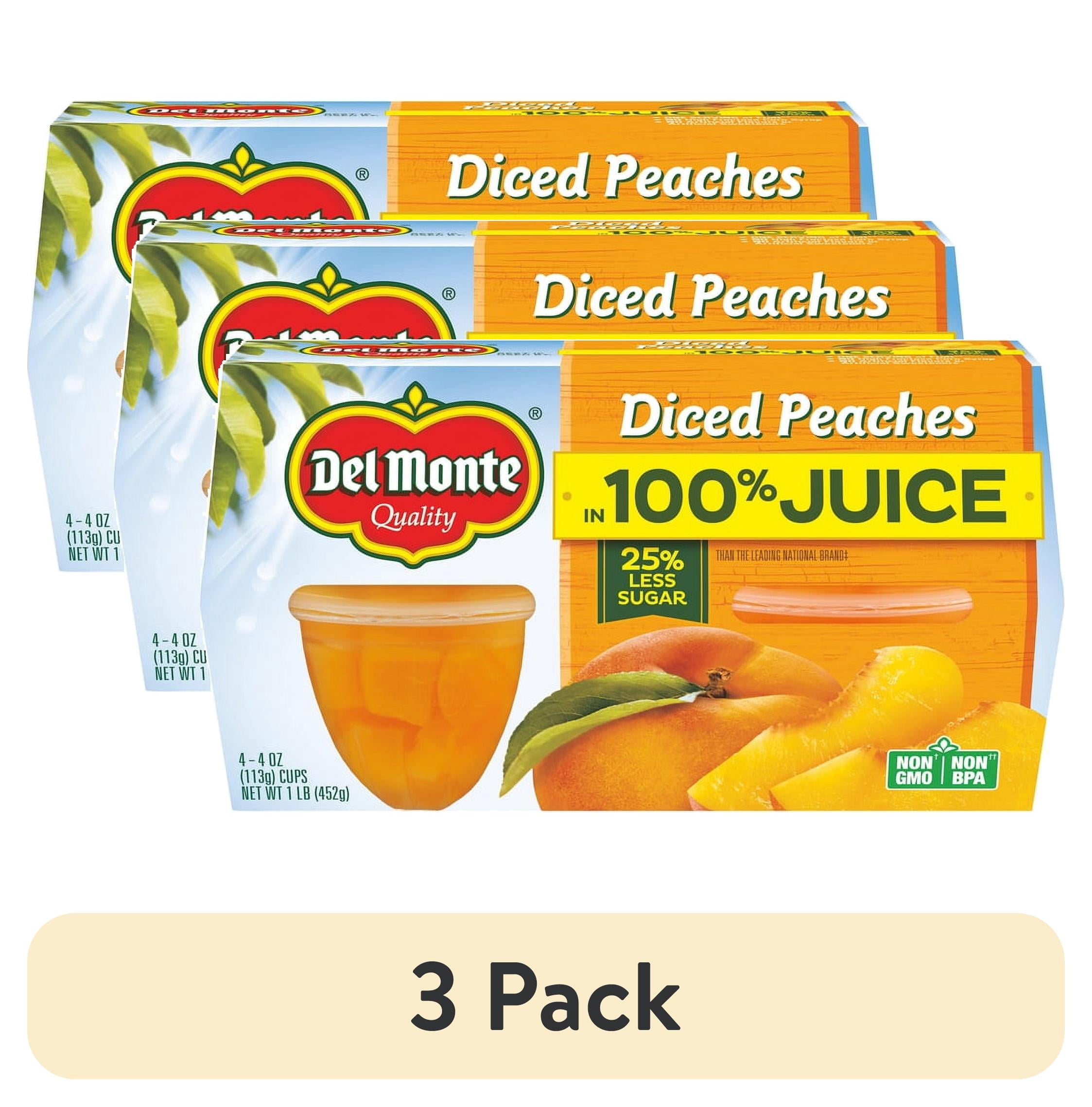 (3 pack) Del Monte Diced Peaches Fruit Cup Snacks in 100% Juice, 4 oz Cup (Pack of 4)