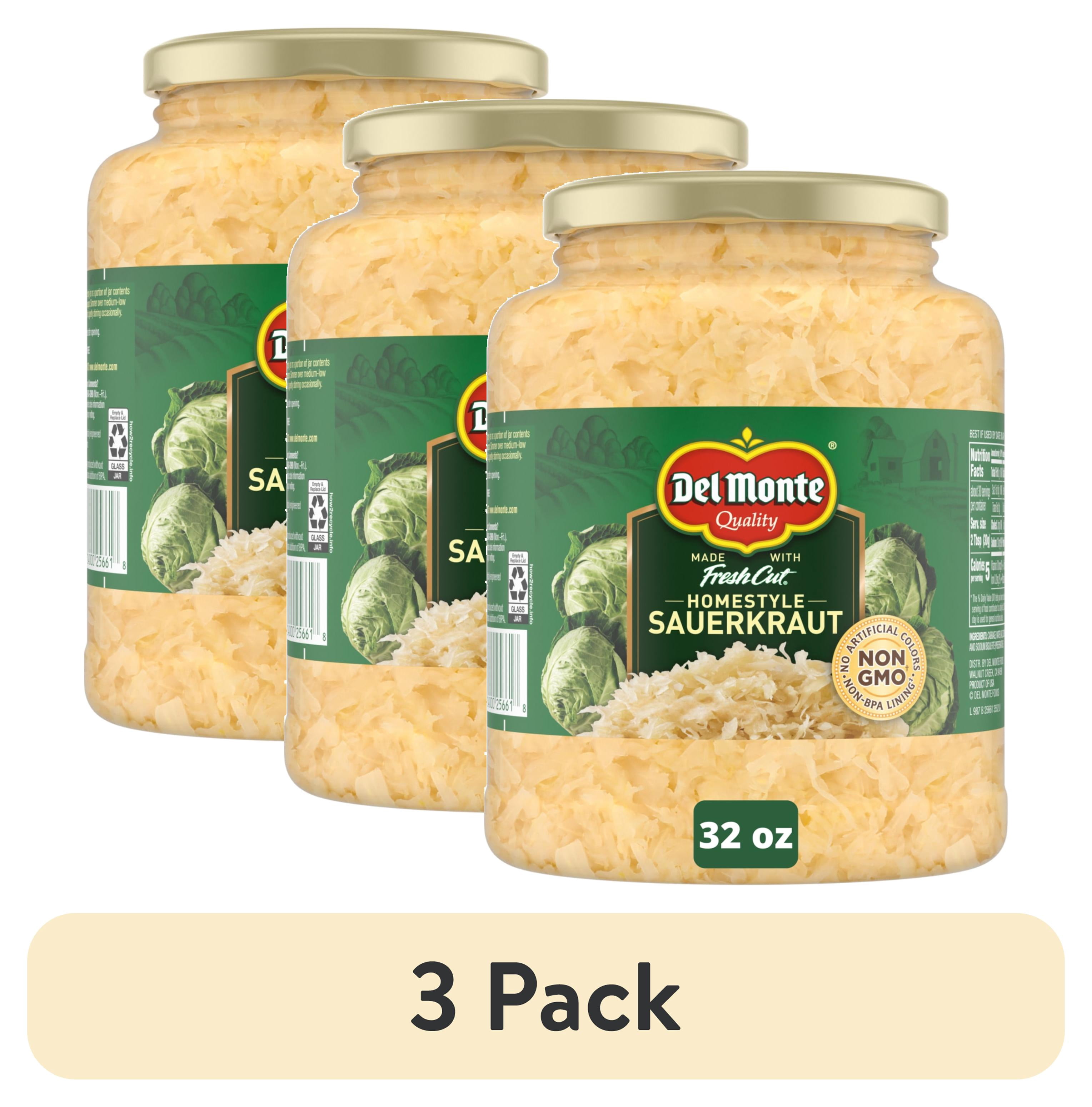 (3 pack) Del Monte Homestyle Sauerkraut, 32 oz Glass Jar