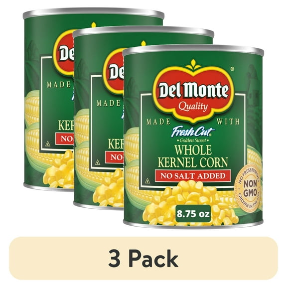 (3 pack) Del Monte No Salt Added Golden Sweet Whole Kernel Corn, Canned Vegetables, 8.75 oz. Can