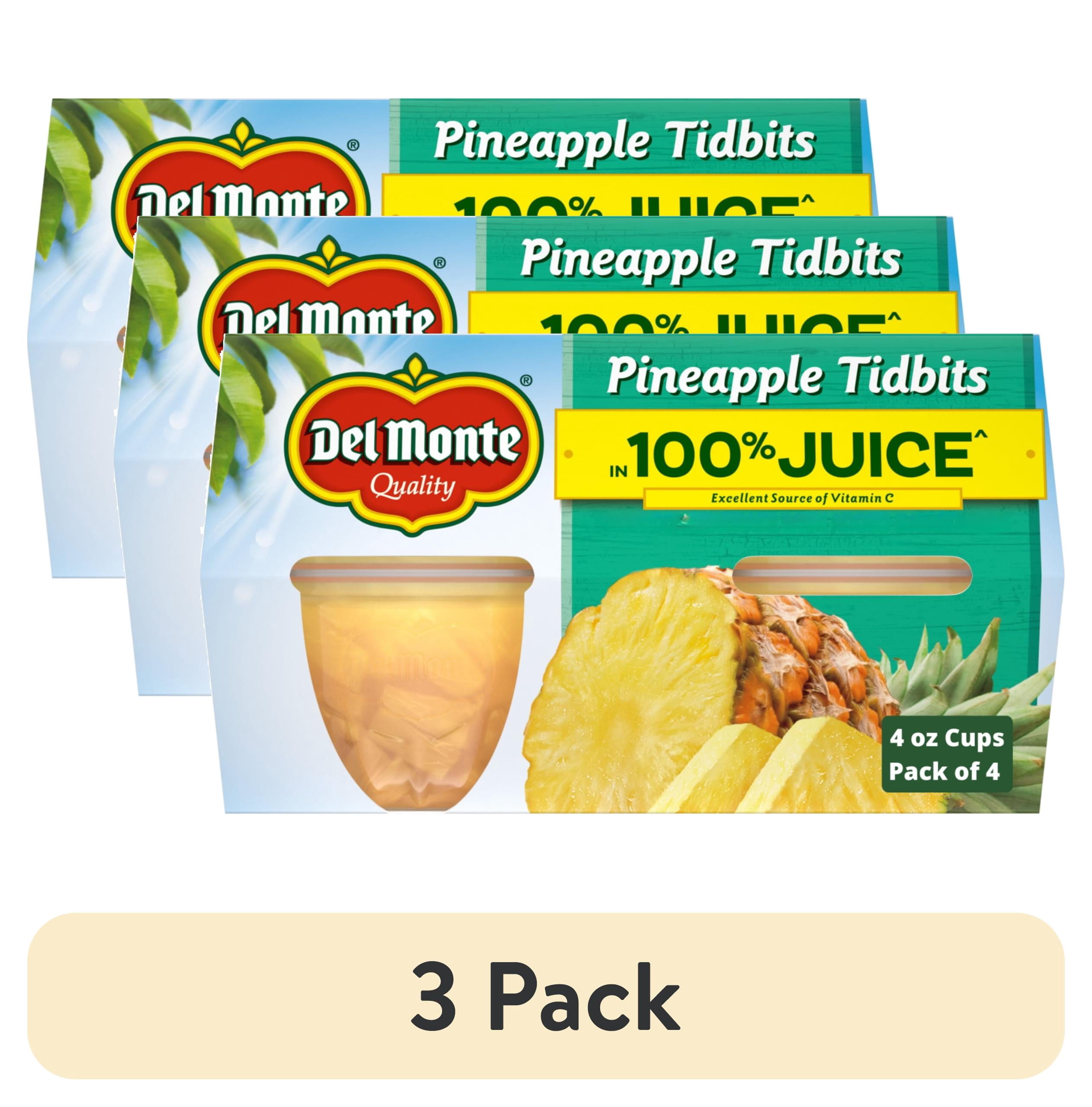 (3 pack) Del Monte Pineapple Tidbits in 100% Juice Fruit Cup Snacks 4 oz Cup (Pack of 4)
