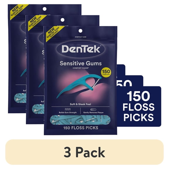 (3 pack) DenTek Comfort Clean Sensitive Gums Floss Picks, Soft & Sleek Ribbon Floss, 150 Count