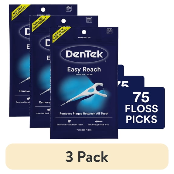 (3 pack) DenTek Complete Clean Easy Reach Floss Picks, No Break & No Shred Floss, 75 Count