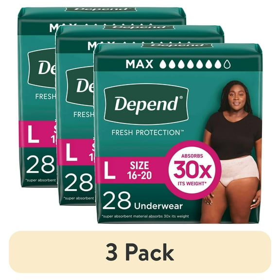(3 pack) Depend Fresh Protection Incontinence Underwear for Women, Adult Diapers, L, 28 Count