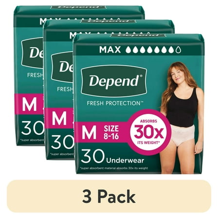 (3 pack) Depend Fresh Protection Incontinence Underwear for Women, Adult Diapers, M, 30 Count
