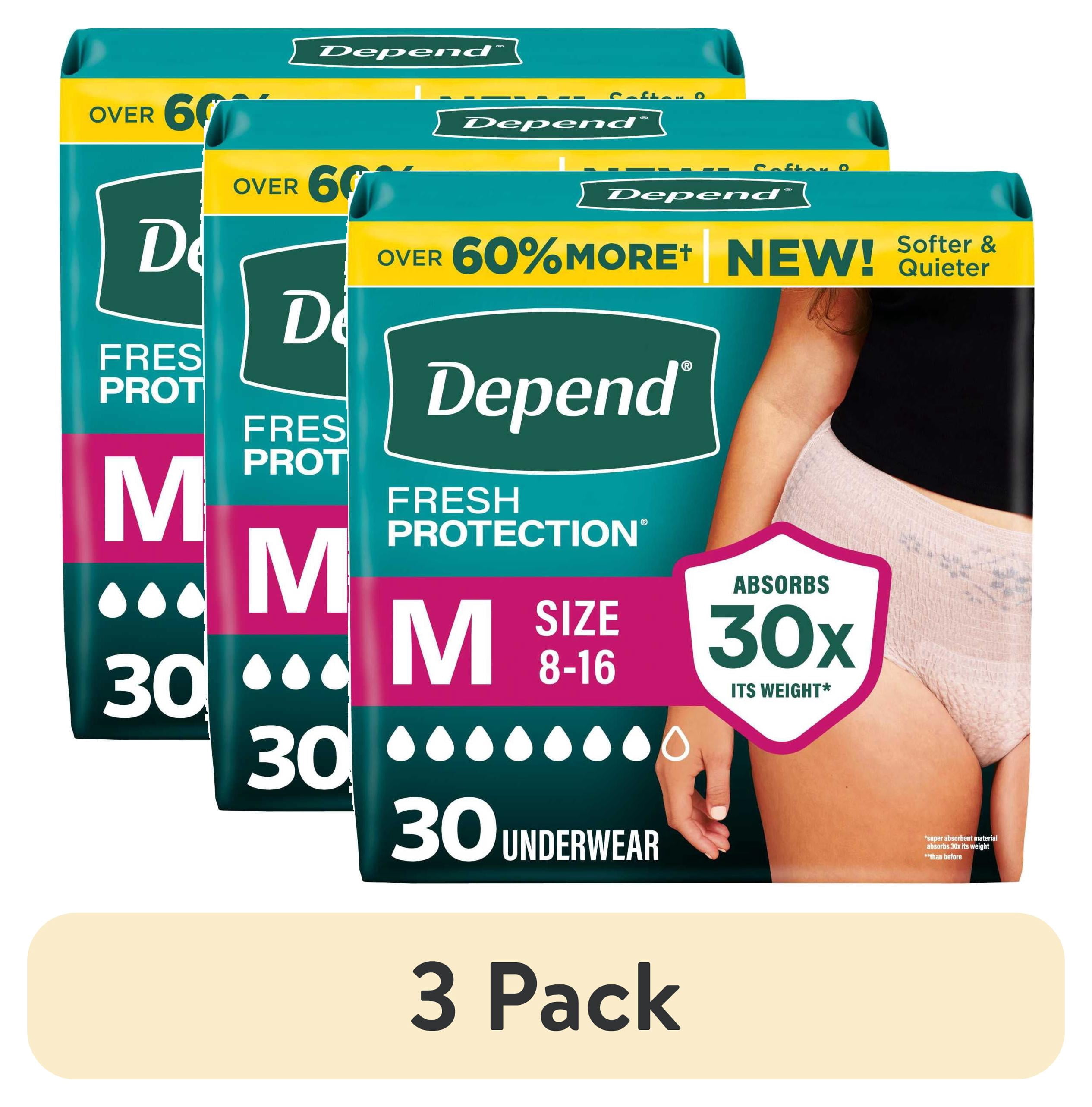 (3 pack) Depend Fresh Protection Incontinence Underwear for Women, Adult Diapers, M (30 Count)