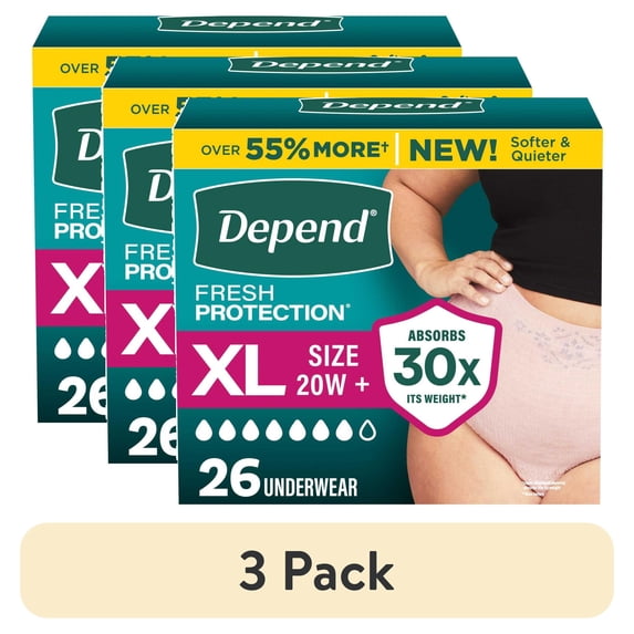 (3 pack) Depend Fresh Protection Incontinence Underwear for Women, Adult Diapers, XL, 26 Count