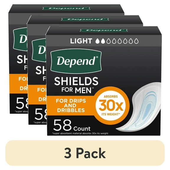 (3 pack) Depend Shields Incontinence Pads for Men, Light Absorbency, 58 Count