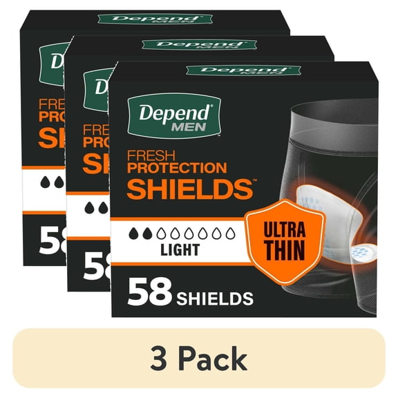 (3 pack) Depend Shields Incontinence Pads for Men, Light Absorbency, 58 Count