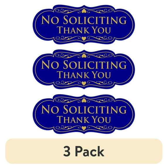 (3 pack) Designer NO SOLICITING Thank You Sign - Blue / Gold Large