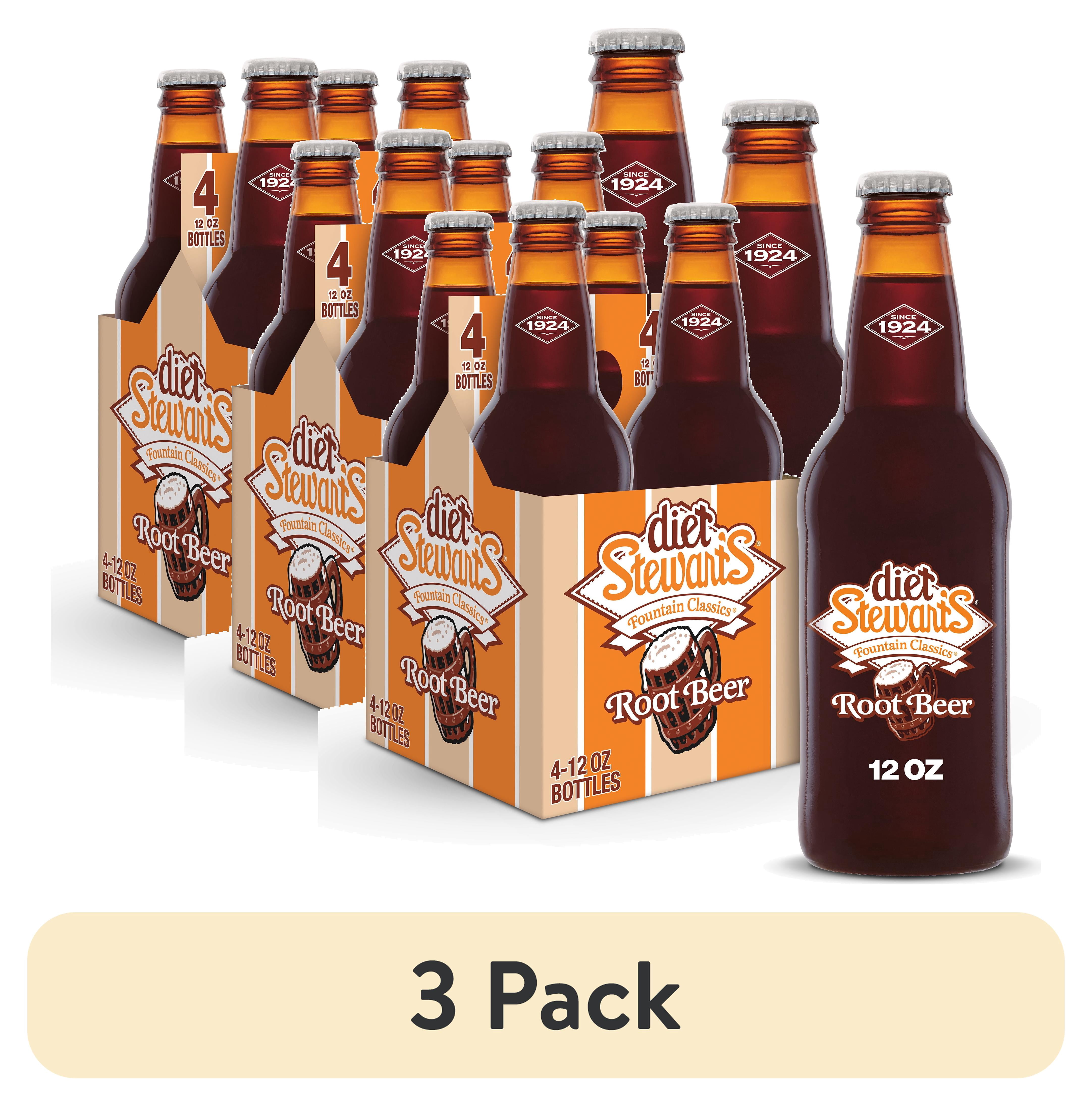 (3 pack) Diet Stewart's Root Beer Soda, 12 fl oz glass bottles, 4 Pack