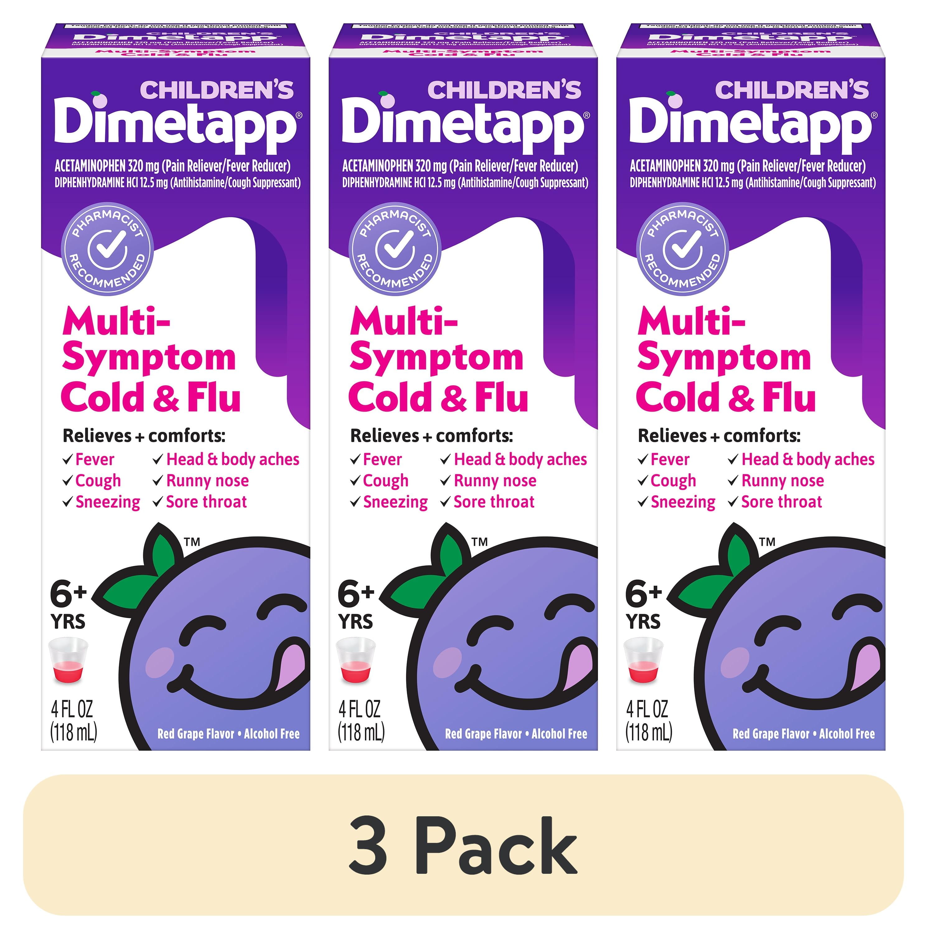 (3 pack) Childrens Dimetapp Multi-Symptom Flu Liquid, Fever, Cough, Cold Relief, 4 fl oz