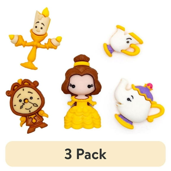 (3 pack) Disney Buttons, Beauty and the Beast, Sewing Fasteners, Multi-Color, 5 Pieces