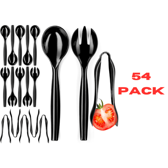 (3 pack) Disposable Serving Utensils - Set of 18 Party Utensils, 6 Each 6" Tongs, 10 Spoons, 10 Forks, Black