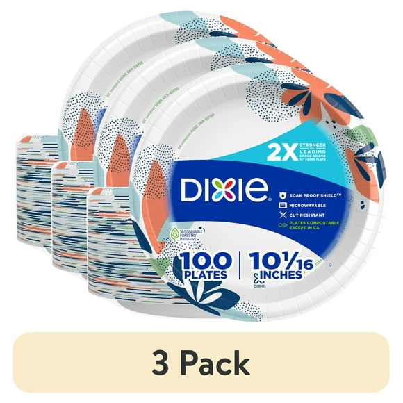 (3 pack) Dixie Disposable Paper Plates, 10", Multi-Color, 100 Count