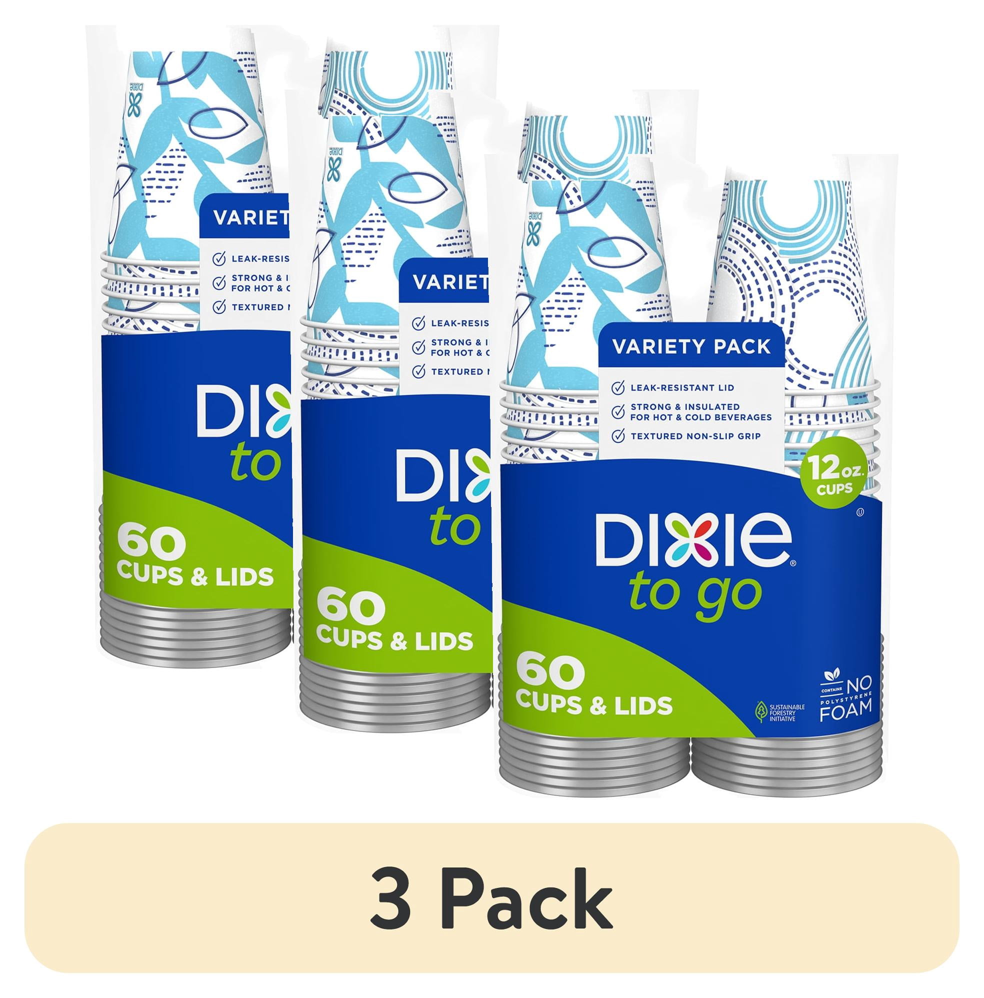 (3 pack) Dixie To Go Disposable Paper Cups, 12 oz, Multi-Color, 60 Count
