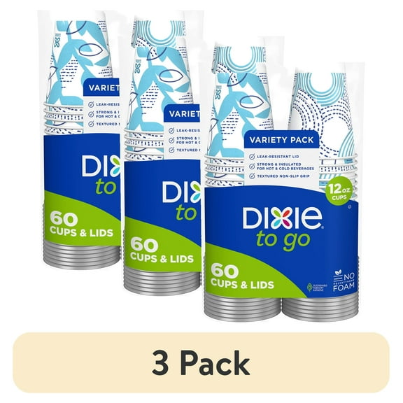 (3 pack) Dixie To Go Disposable Paper Cups, 12 oz, Multi-Color, 60 Count