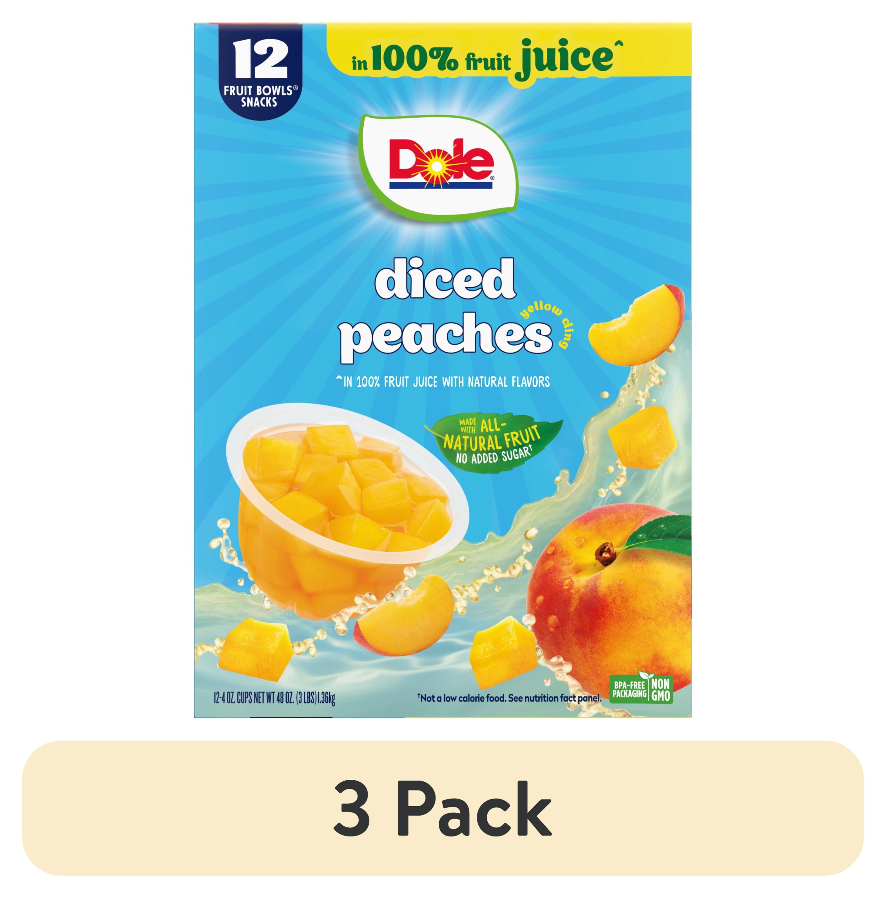 (3 pack) Dole Fruit Bowls Diced Peaches in 100% Fruit Juice, 4 oz Cups (12 Pack)
