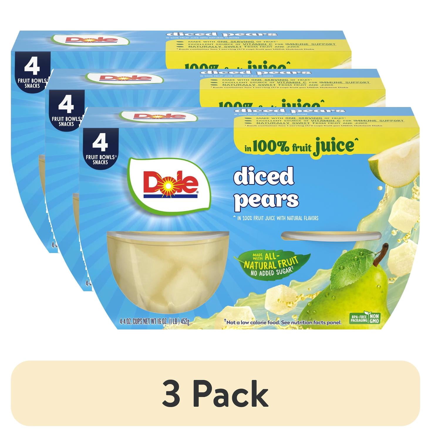 (3 pack) Dole Fruit Bowls Diced Pears in 100% Fruit Juice, 4 oz Cups (4 Pack)