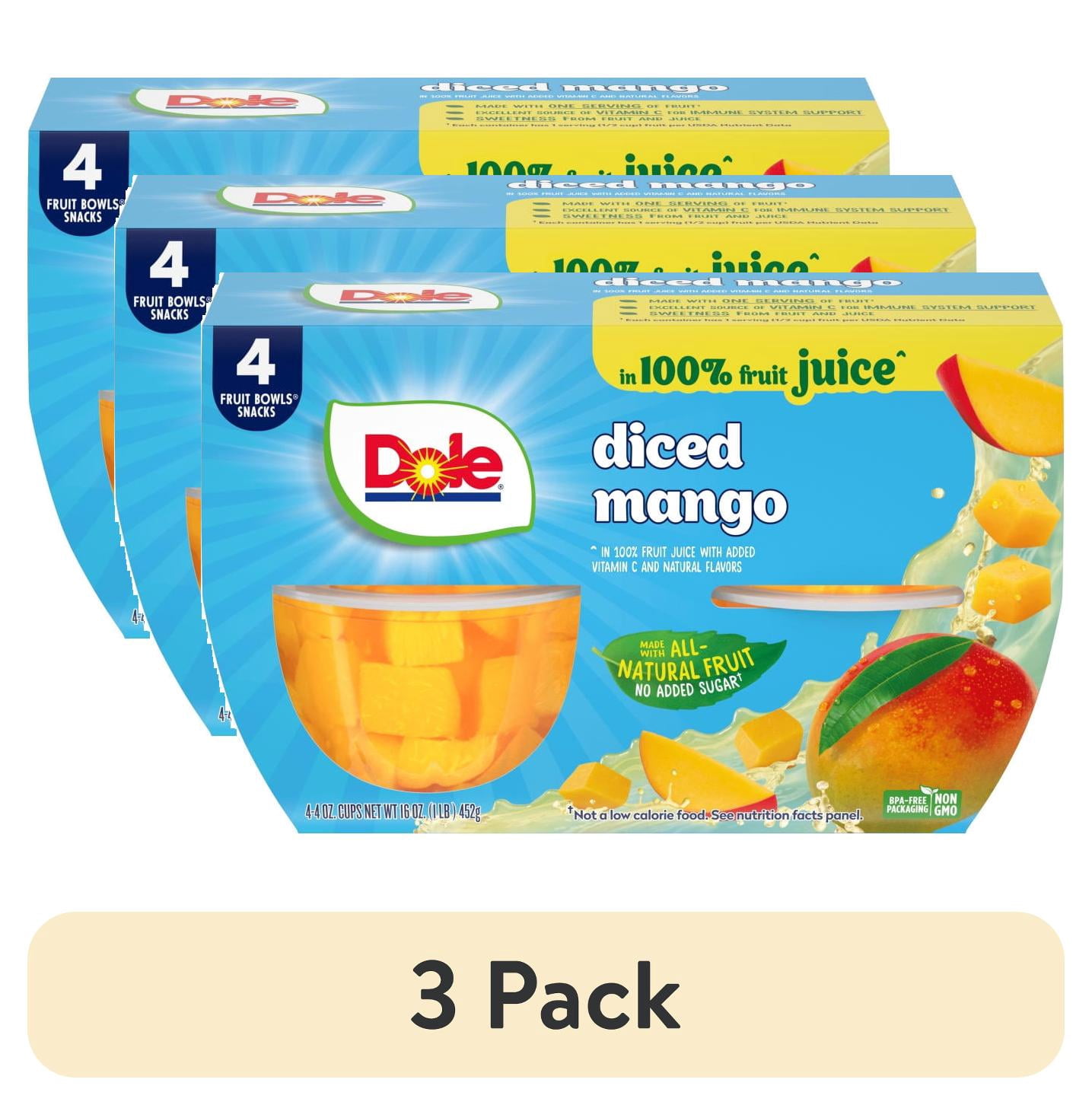(3 pack) Dole Fruit Bowls Diced Mango in 100% Juice, 4 oz Cups (4 Pack)
