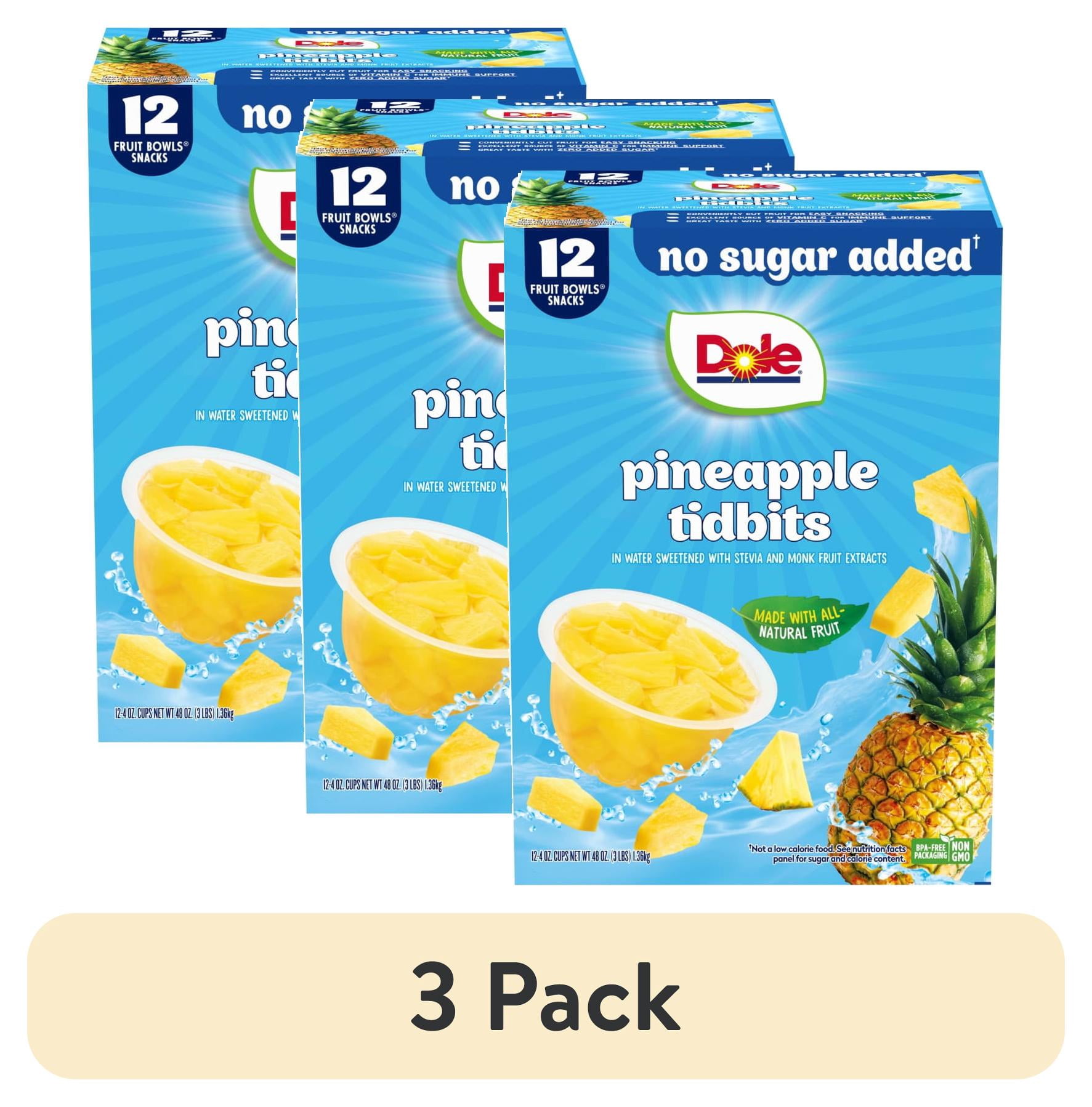 (3 pack) Dole Fruit Bowls No Sugar Added Pineapple Tidbits, 4 oz Cups (12 Pack)