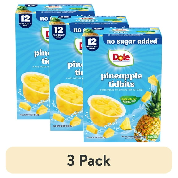 (3 pack) Dole Fruit Bowls Snacks No Sugar Added^^ Pineapple Tidbits, 4 oz Cups (12 Pack)