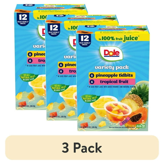 (3 pack) Dole Fruit Bowls Tropical Fruit and Pineapple Tidbits in 100% Fruit Juice, 4 oz Cups (12 Pack)