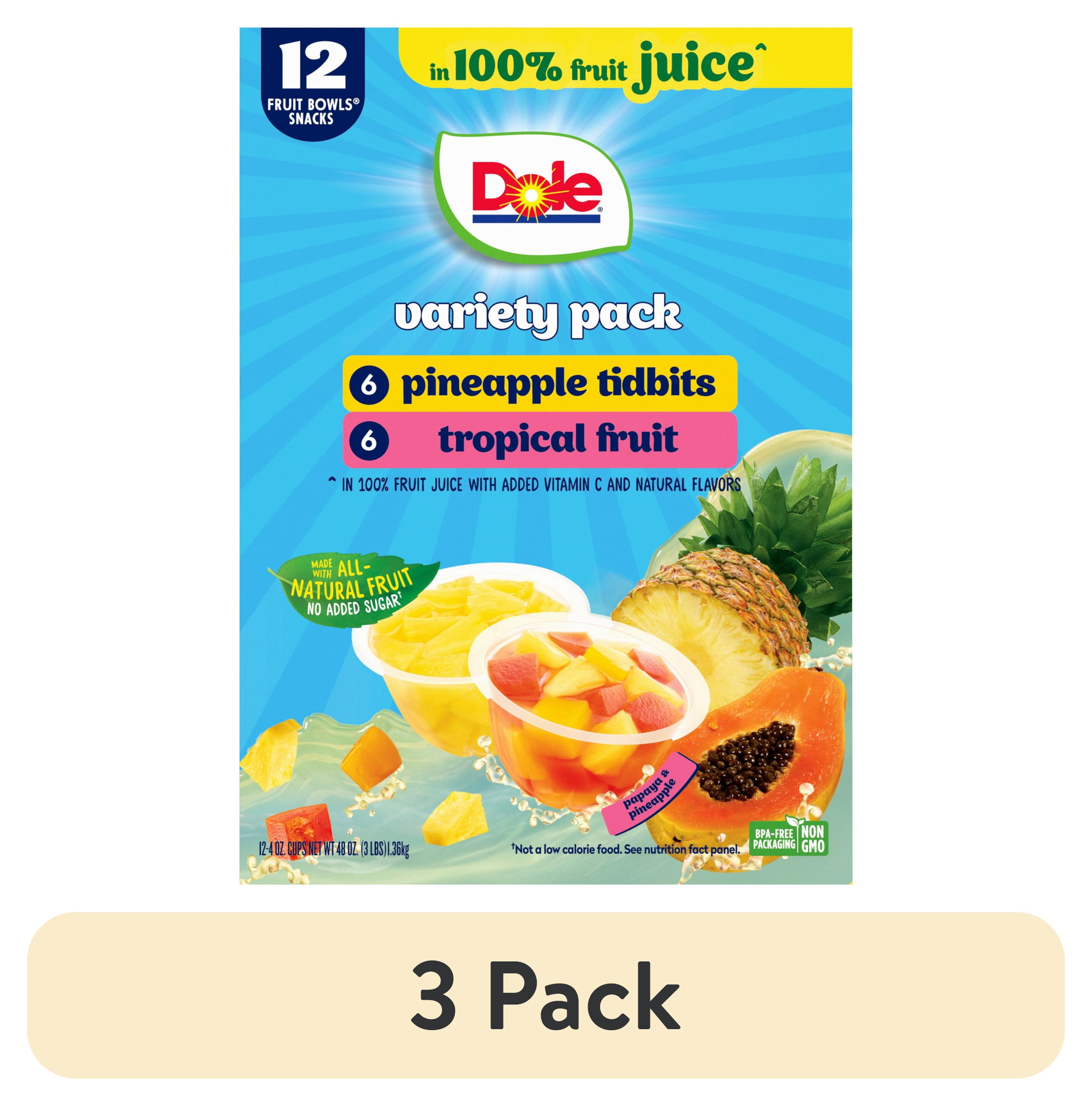 (3 pack) Dole Fruit Bowls Tropical Fruit and Pineapple Tidbits in 100% Fruit Juice, 4 oz Cups (12 Pack)