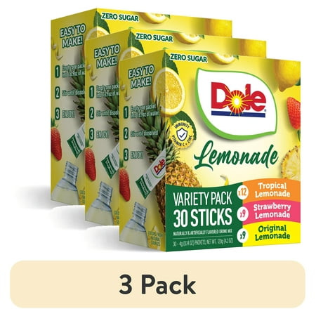 (3 pack) Dole Lemonade Variety Powder Mix, Tropical, Classic, & Strawberry, 30 Pack