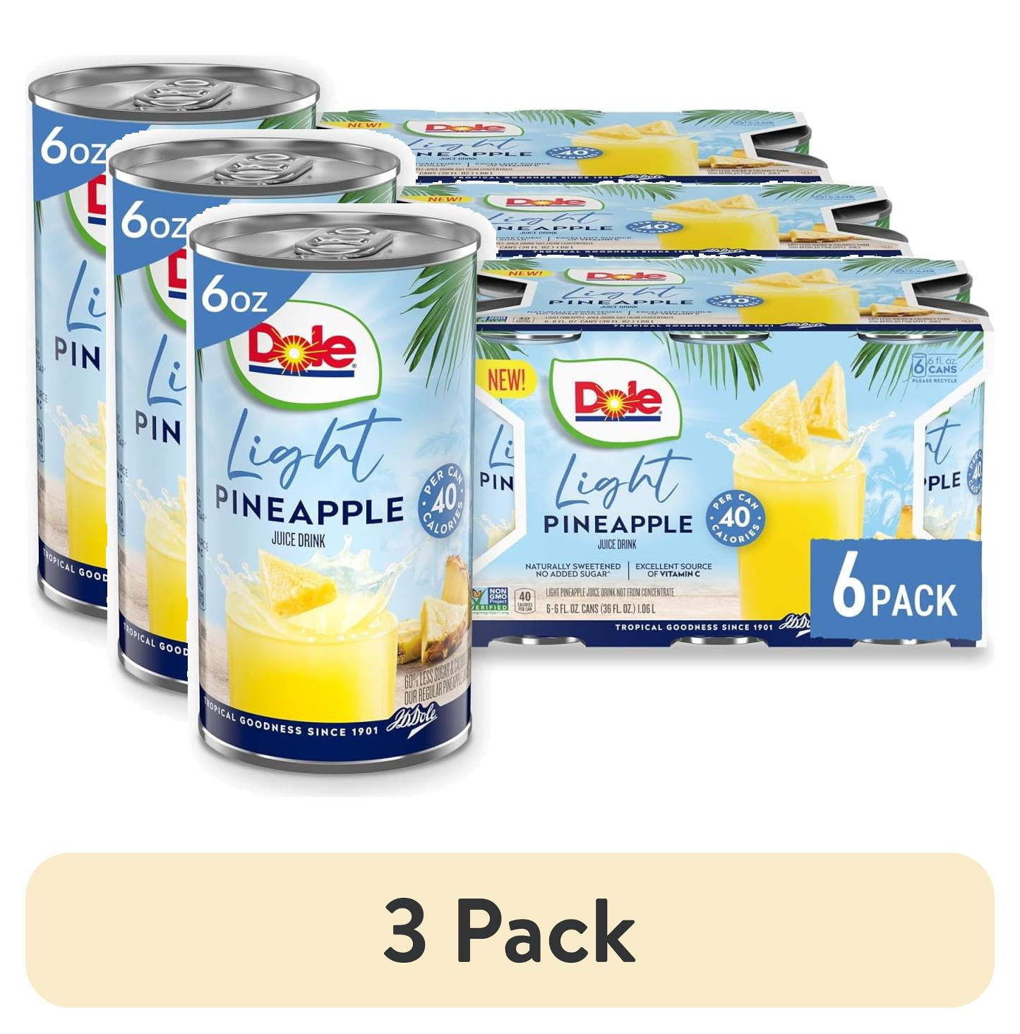(3 pack) (6 Cans) Dole Light Pineapple Juice Drink, 6 fl oz Can