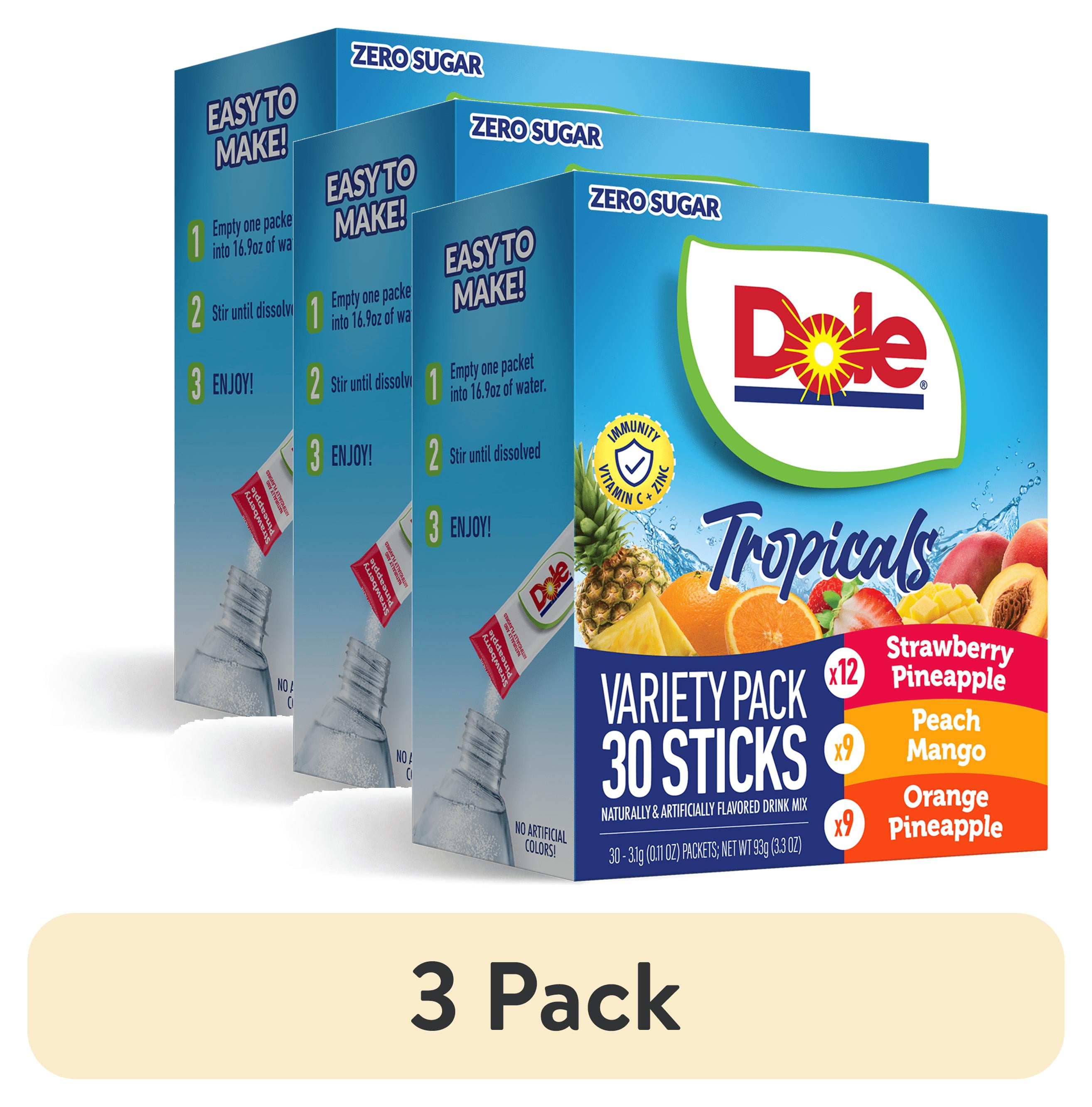 (3 pack) Dole Powder Drink Mix Variety Pack, Tropical, Peach Mango & Strawberry Pineapple, Sugar-Free, 30 Ct