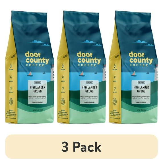 (3 pack) Door County Coffee, Highlander Grogg, Irish Creme and Caramel Flavored Coffee, Medium Roast, Ground Coffee, 10 oz Bag