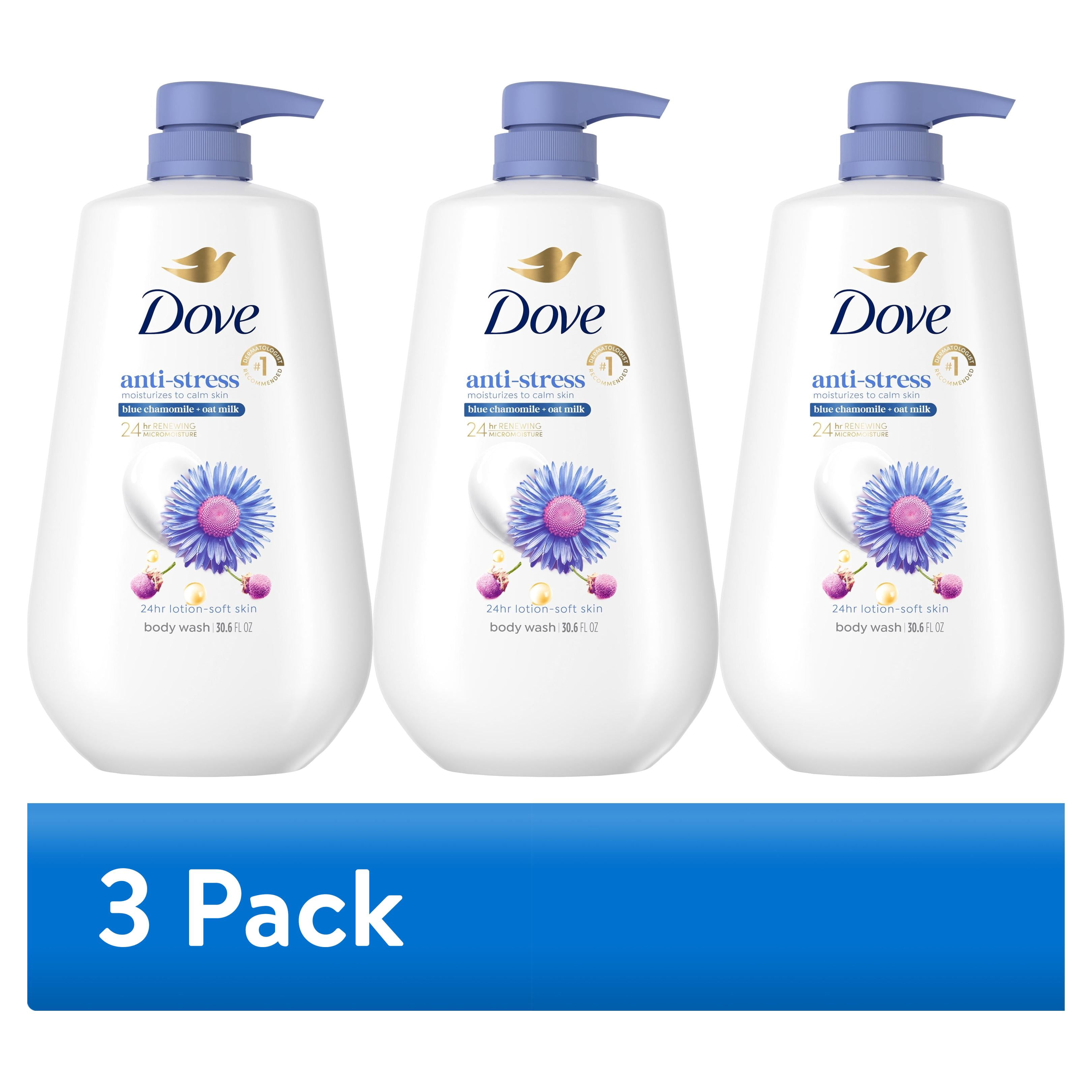 (3 pack) Dove Body Wash With Pump For 24hr Lotion-Soft Skin Anti-Stress Blue Chamomile & Oat Milk, Moisturizing Skin Cleanser with No Sulfates No Parabens ,30.6 Fl oz