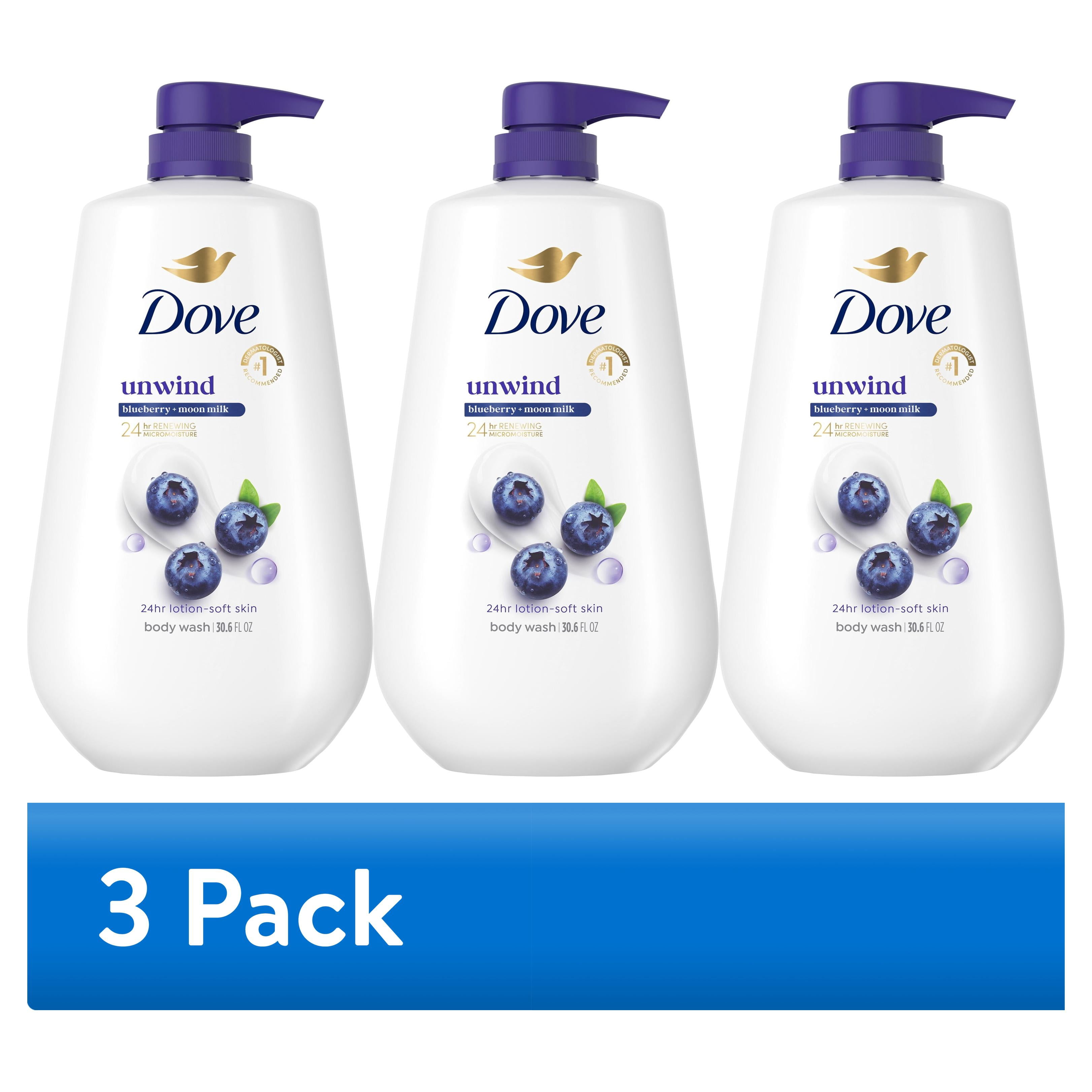 (3 pack) Dove Body Wash For 24hours Lotion-Soft Skin Unwind Blueberry & Moon Milk Moisturizing Skin Cleanser with No Sulfates No Parabens, 30.6 Fl oz