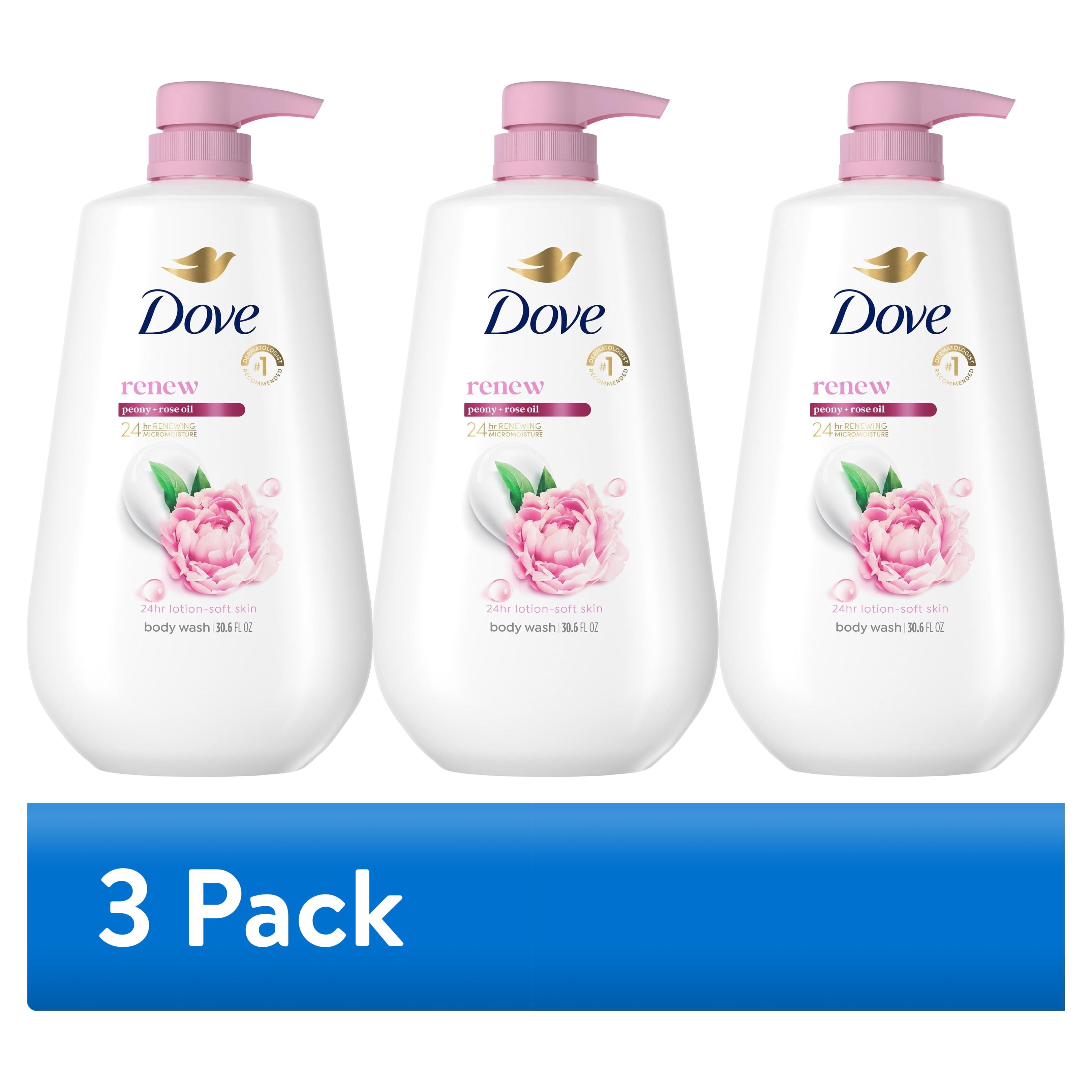 (3 pack) Dove Body Wash With Pump For 24hr Lotion-Soft Skin Renew Peony & Rose Oil Moisturizing Skin Cleanser With No Sulfates No Parabens ,30.6 fl oz